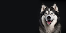Alaskan Malamute Studio Portrait On A Black Background With Space For Text. A Large Gray Smiling Dog With Blue Eyes. Cute Face With A Smart Look. 