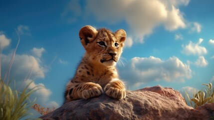 Wall Mural - lion cub sitting on top of a rock in a field of grass. created with generative ai.