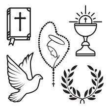 Catholic Religion Icons, Symbols Of Faith And Belief In God, Rosary, Eucharist, Bible