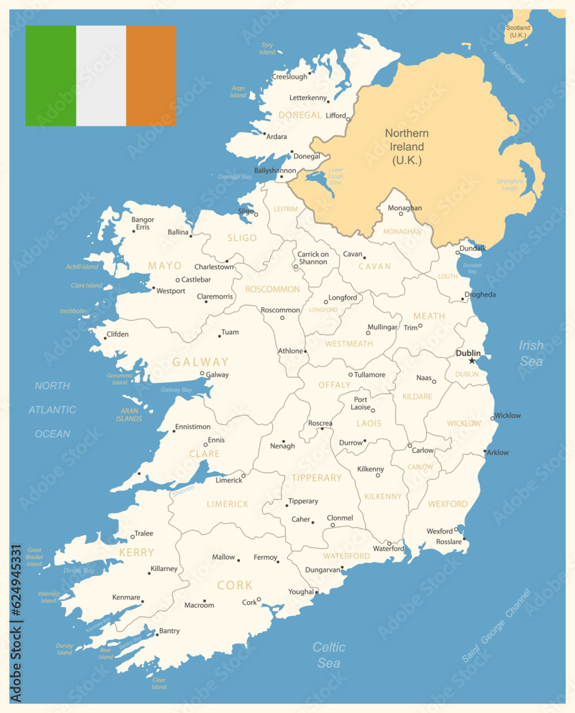 Ireland - detailed map with administrative divisions and country flag ...
