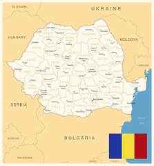  Romania - detailed map with administrative divisions and country flag. Vector illustration
