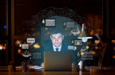 Aufkleber - Young businessman working on laptop at dark office, using chatbot