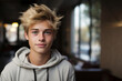 © Andrea Marongiu - headshot of handsome boy with sweatshirt teenage male fashion model looking at the camera. a boy with stylish short blond hair. coiffure of a teen. adolescent face for advertisement. copy space