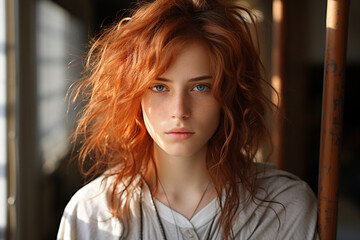 headshot of red haired boy. Beautiful teenage male fashion model looking at the camera. Portrait of a boy with stylish disheveled red hair. coiffure of a teen. face for advertisement about adolescence