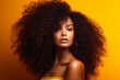 © Andrea Marongiu - fashion portrait of african american girl, young black woman with curly hair. Hairstyle studio photo for advertising on cosmetic hair products and conditioner for natural frizzy afro hair. copy space