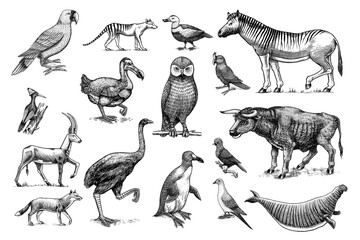 Extinct species. Wild mammal animals and birds. Dodo, Moa, Tasmanian wolf, Quagga. Aurochs. Blue antelope. Hand drawn vector engraved sketch. Graphic vintage style. 