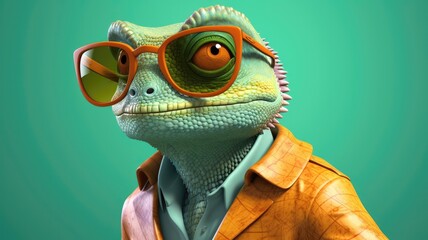 Wall Mural - Chameleon sporting a stylish pair of sunglasses, 3D cartoon style. Generative AI