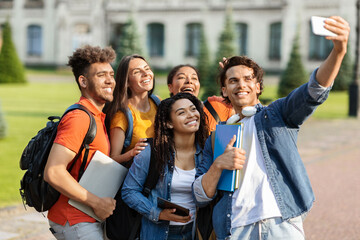 Wall Mural - Portrait of happy multiethnic students talking selfie on smartphone outdoors