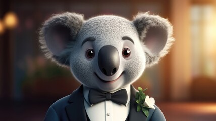 Poster - Koala dressed in a dapper tuxedo, 3D cartoon style. Generative AI