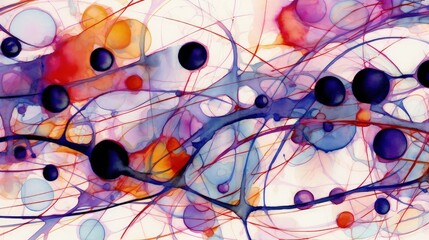 Wall Mural - Abstract pattern brush strokes bubbles and stripes, watercolor background