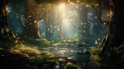 Wall Mural - Illustration of fantasy forest - AI generated image.