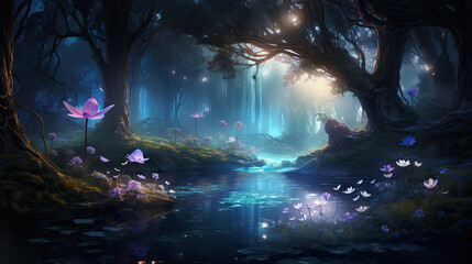 Wall Mural - Illustration of fantasy forest - AI generated image.