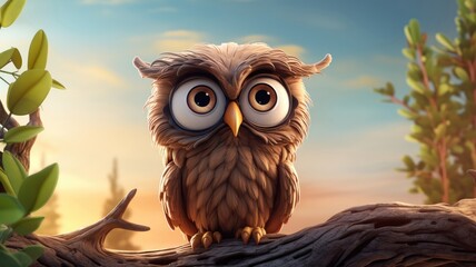 Sticker - Wise owl perched on a branch, 3D cartoon style. Generative AI