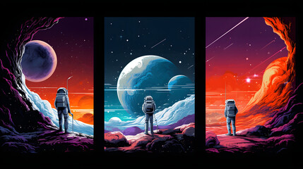 space, science fiction, future. vector illustrations of astronaut, galaxy, planet, moon, space objec