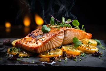 Wall Mural - close up grilled salmon fillet in luxury restaurant | Generative AI