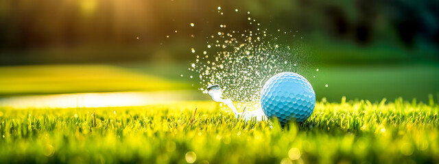 golf ball hitting the lawn causes a splash of water drops, sunset, banner with copy space made with Generative AI