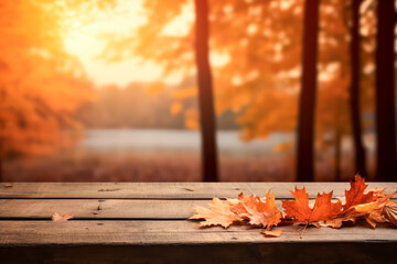 Wall Mural - autumn leaves on a wooden bench