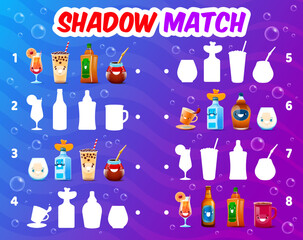Poster - Shadow match game. Cartoon drink characters. Find a correct shade of glasses, bottles or cups. Kids vector worksheet with rum, tequila, coffee or tea mugs. Bubble cocktail, milk and pulque silhouettes