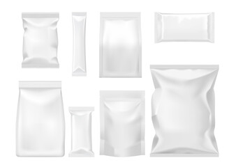 polymer and paper packages and packets mockups. food product disposable packaging isolated vector te