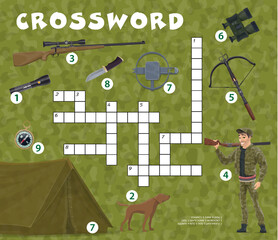 Aufkleber - Crossword quiz game. Hunting sport equipment. Crossword grid puzzle, word search vector quiz or vocabulary game with hunter, flashlight, dog and riffle gun, crossbow, binoculars, tent and trap, knife
