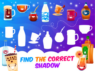 Poster - Find correct shadow of cartoon drink characters on kids quiz game, vector worksheet. Find and match suitable shadow silhouette of funny coffee and bubble tea cup, milk and water bottle with beer