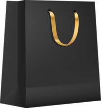 Paper Shopping Bag With Golden Ribbon Handle Mockup. Boutique Cardboard Packaging, Shop Paper Packet Or Isolated Shopping Package 3d Vector Mock Up. Retail Purchase Bag Realistic Template Or Mockup