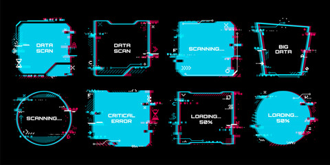 Leinwandbilder - Glitch tech banners. Technology abstract corrupted frames. Futuristic round and square frames or vector banners with computer monitor RGB pixel glitch, screen analog video fail or data loss bug
