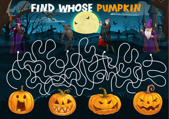 Poster - Halloween labyrinth maze. Help to cartoon characters find the pumpkin. Kids vector board game worksheet with funny witch, werewolf, vampire and wizard. Boardgame with tangled path, start and finish