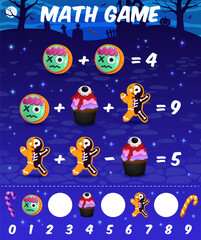Poster - Math game worksheet. Cartoon halloween candies and sweets. Children mathematical quiz, vector riddle or math puzzle with Halloween zombie and gingerbread skeleton cookie, eyeball cupcake, candy cane