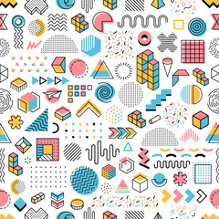 Poster - Memphis pattern background, abstract shapes and geometric elements, seamless vector. Memphis pattern shapes in gradient color and doodle line figures, pop art collage of random geometric shapes
