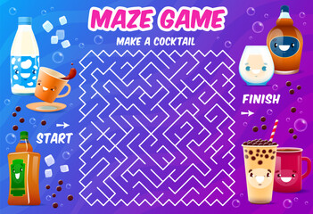 Aufkleber - Labyrinth maze. Make a cocktail drink. Labyrinth quiz, find way vector playing activity page or search path worksheet with funny milk, bubble coffee drink, tea, tequila or cognac cartoon characters