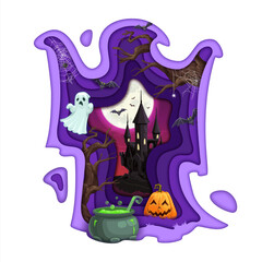 Wall Mural - Halloween paper cut double exposition of ghost silhouette and midnight castle, vector card. Horror night holiday pumpkin, ghost, bats and spiders, witch potion cauldron, haunted house and full moon