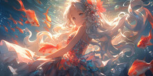 Anime Girl Underwater In A Multicolored Underwater Costume, A Group Of Colored Fish On The Background, Illustration. Generative AI