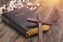 Religion Wooden Cross And Bible Book