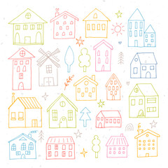  Collection of coloured hand drawn houses. Set of sketched buildings. Doodle style