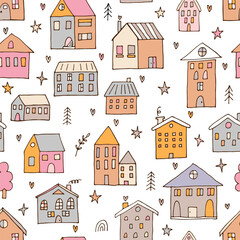 Wall Mural - Cute seamless pattern with hand drawn houses. Buildings. Doodle style. Texture for fabric, textile, wrapping, wallpaper