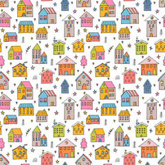 Wall Mural - Cute seamless pattern with hand drawn houses. Buildings. Doodle style. Texture for fabric, wrapping, wallpaper, textile