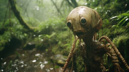 Enigmatic Shadows: Creepy Creature in the Rainy Jungle, Monsterous Ghost Alien Generative AI