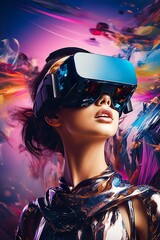 technology metaverse of the future, a young creative woman wearing a virtual reality headset | gener