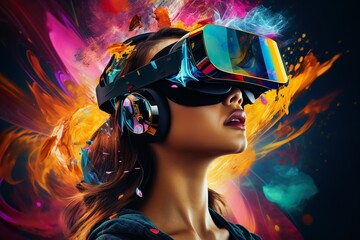 technology metaverse of the future, a young creative woman wearing a virtual reality headset | Generative AI