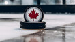 Horizontal banner with two hockey black puck on the rink with a red maple leaf symbol of Canada.AI