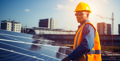 An young engineer is checking an operation of sun and cleanliness on field of photovoltaic solar panels on a sunset. Concept renewable energy, digital ai