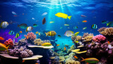 Fototapeta Do akwarium - A vibrant coral reef teeming with a diverse school of fish