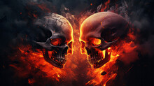 Two Skulls With Red Eyes In Front Of A Fire