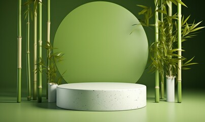 Empty round marble stone platform podium with bamboo tree on green background. Product display presentation concept