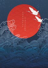 Japanese Background With Crane Birds Decoration Vector. Hand Drawn Wave With Red Circle Shape Elements In Oriental Style.