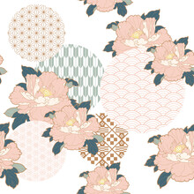 Japanese Pattern With Circle Shape Vector. Peony Flower And Geometric Pattern In Vintage Style. Abstract Art  Illustration.