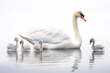 Image Of Family Group Of Swans On White Background. Birds. Wildlife Animals. Illustration, Generative AI.