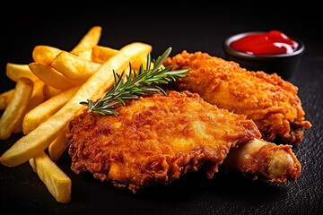 Wall Mural - Fast food fried crispy chicken and french fries potatoes with ketchup sauce isolated on dark background