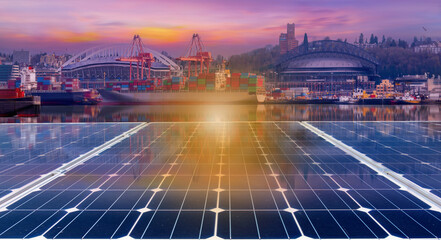 Wall Mural - Solar panel over cityscapes, solar power green energy for life concept,